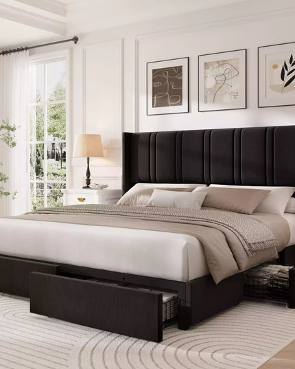 Modro Linen Upholstered Platform Bed Frame with 4 Storage Drawer