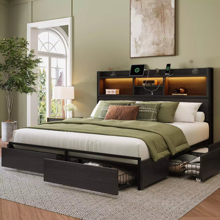 Strato Wood Bed Frame Storage Headboard with Charging Station and 6 Drawers