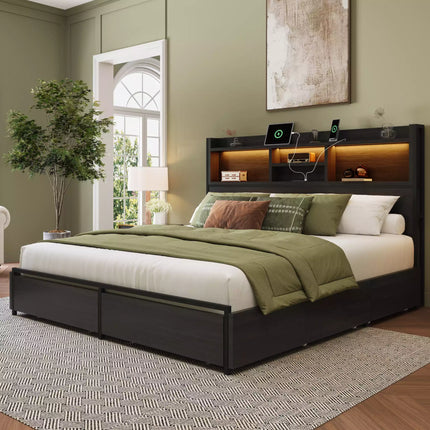 Strato Wood Bed Frame Storage Headboard with Charging Station and 6 Drawers