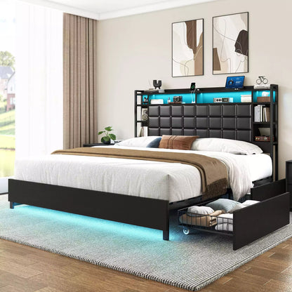 Cubes Industrial Bed Frame with Storage Drawers,Bookcase Headboard, LED Llight & Charging Hub