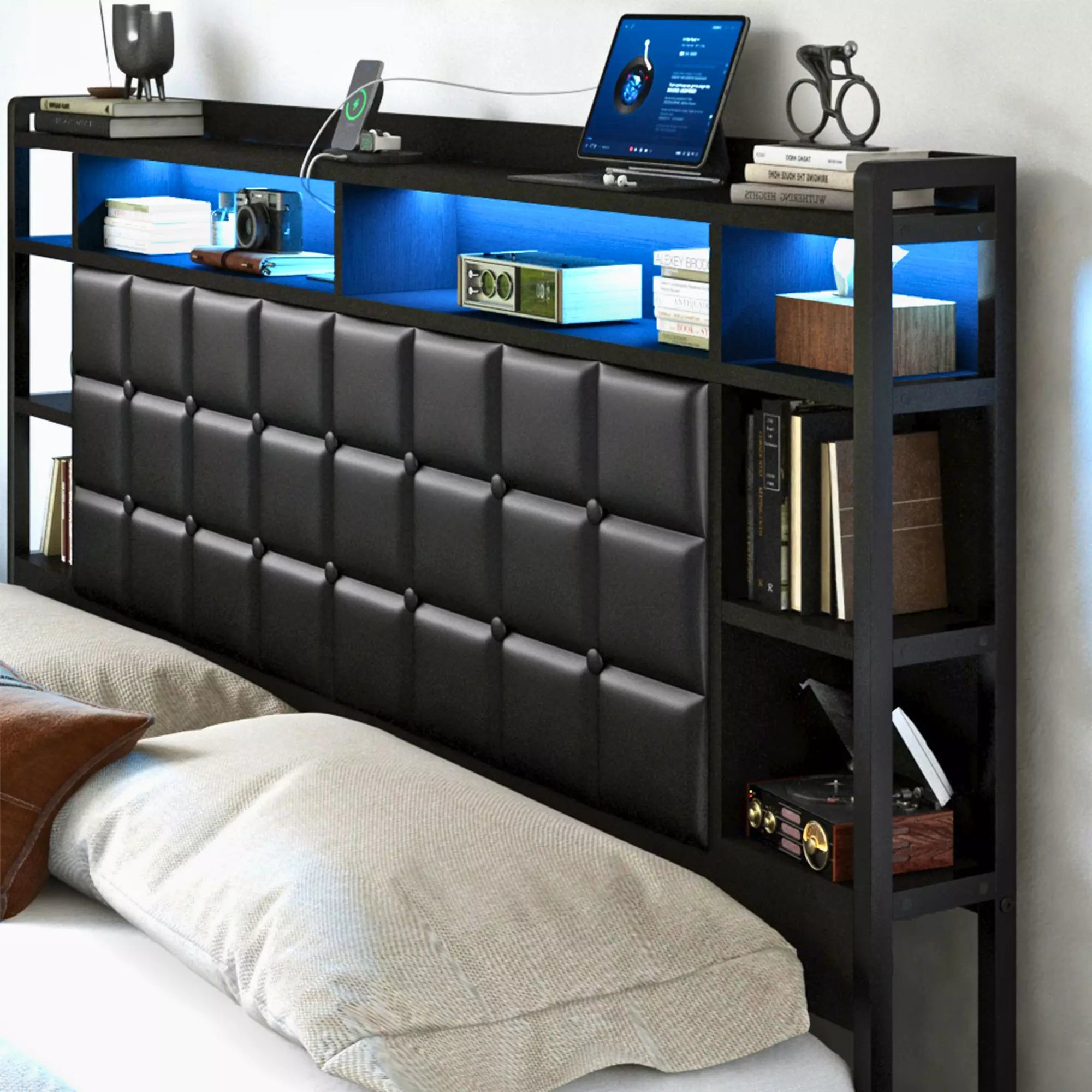 Cubes Industrial Bed Frame with Storage Drawers,Bookcase Headboard, LED Llight & Charging Hub