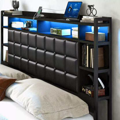 Cubes Industrial Bed Frame with Storage Drawers,Bookcase Headboard, LED Llight & Charging Hub
