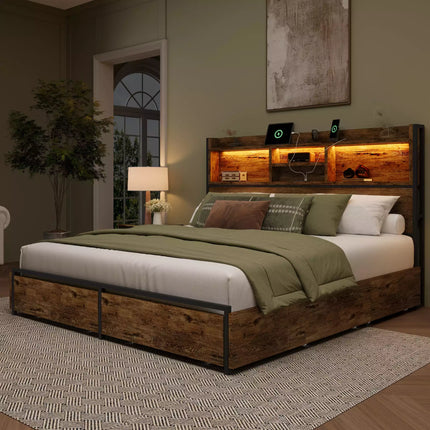 Strato Wood Bed Frame Storage Headboard with Charging Station and 6 Drawers
