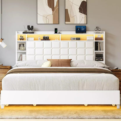 Cubes Industrial Bed Frame with Storage Drawers,Bookcase Headboard, LED Llight & Charging Hub