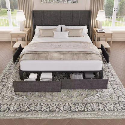 Modro Linen Upholstered Platform Bed Frame with 4 Storage Drawer