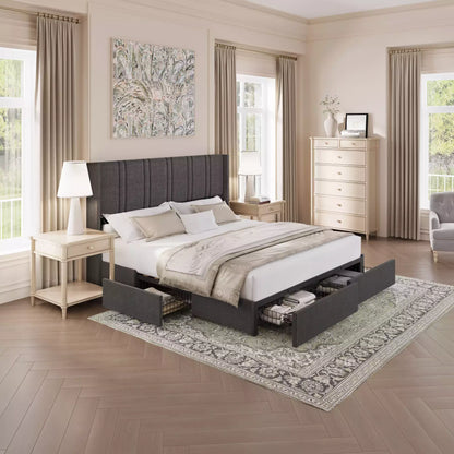 Modro Linen Upholstered Platform Bed Frame with 4 Storage Drawer