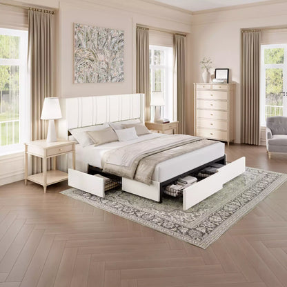 Modro Linen Upholstered Platform Bed Frame with 4 Storage Drawer