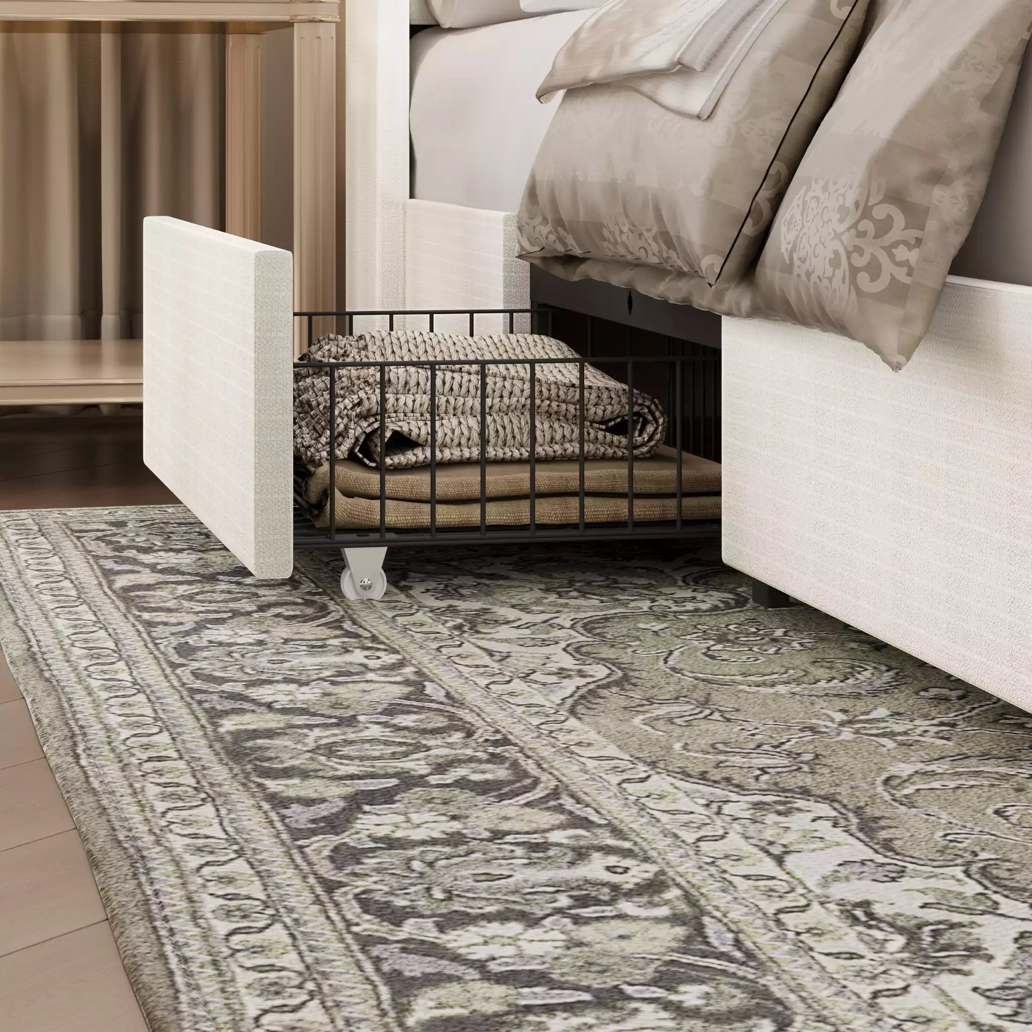 Modro Linen Upholstered Platform Bed Frame with 4 Storage Drawer