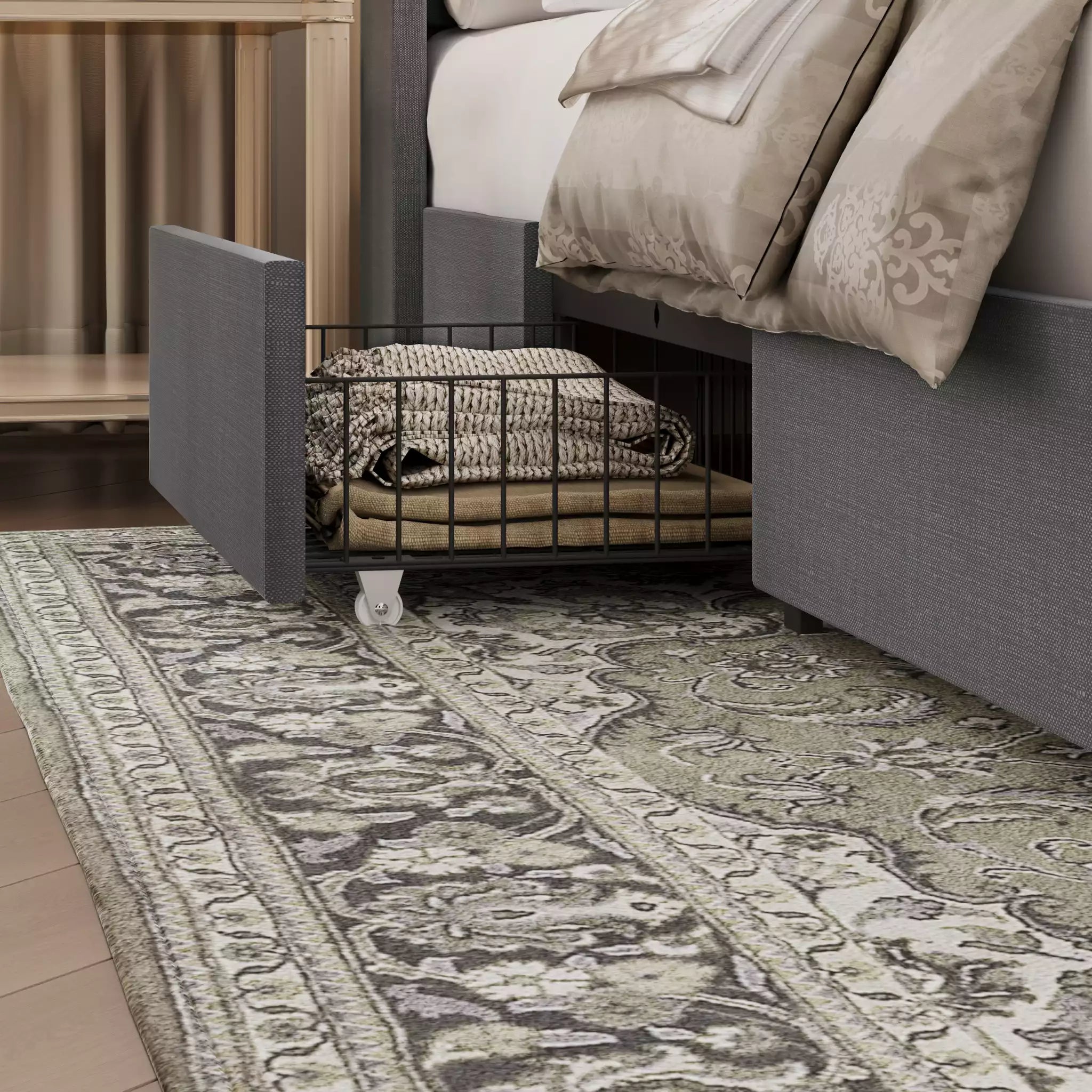 Gray upholstered bed frame with a metal basket and patterned rug in a bedroom setting