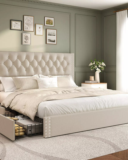 Vella Linen Upholstered Bed Frame with Storage, 4 Drawers