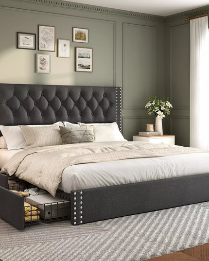 Vella Linen Upholstered Bed Frame with Storage, 4 Drawers