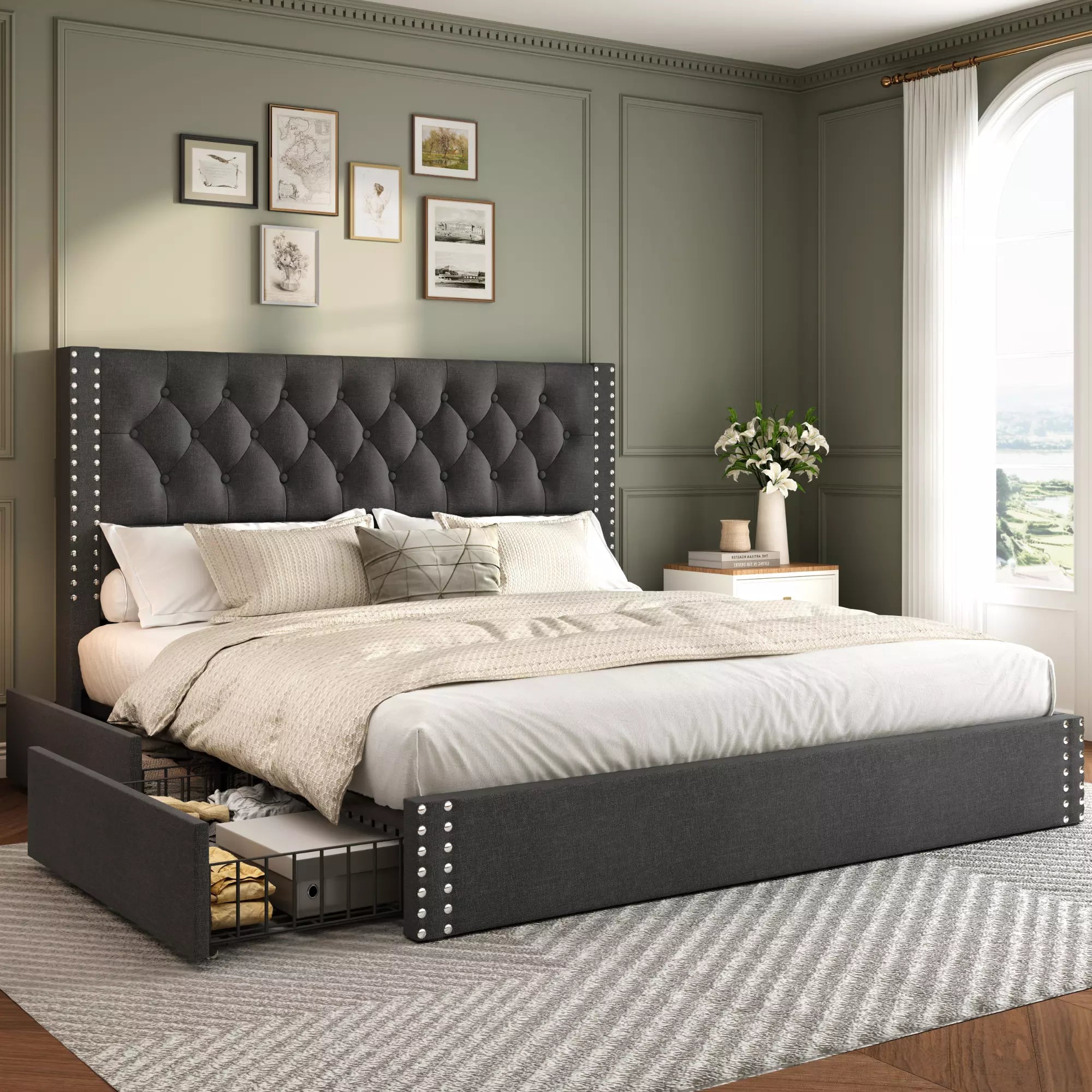 Vella Linen Upholstered Bed Frame with Storage, 4 Drawers