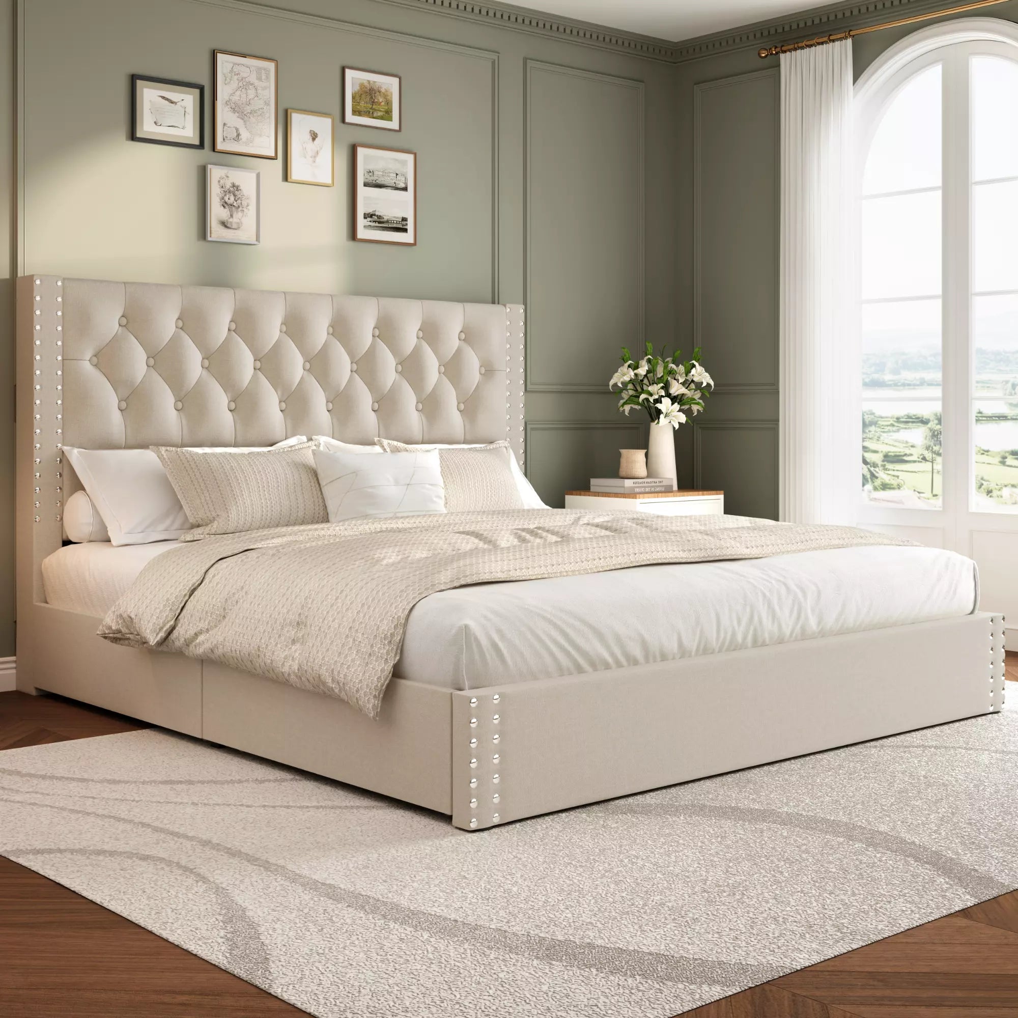 Vella Linen Upholstered Bed Frame with Storage, 4 Drawers