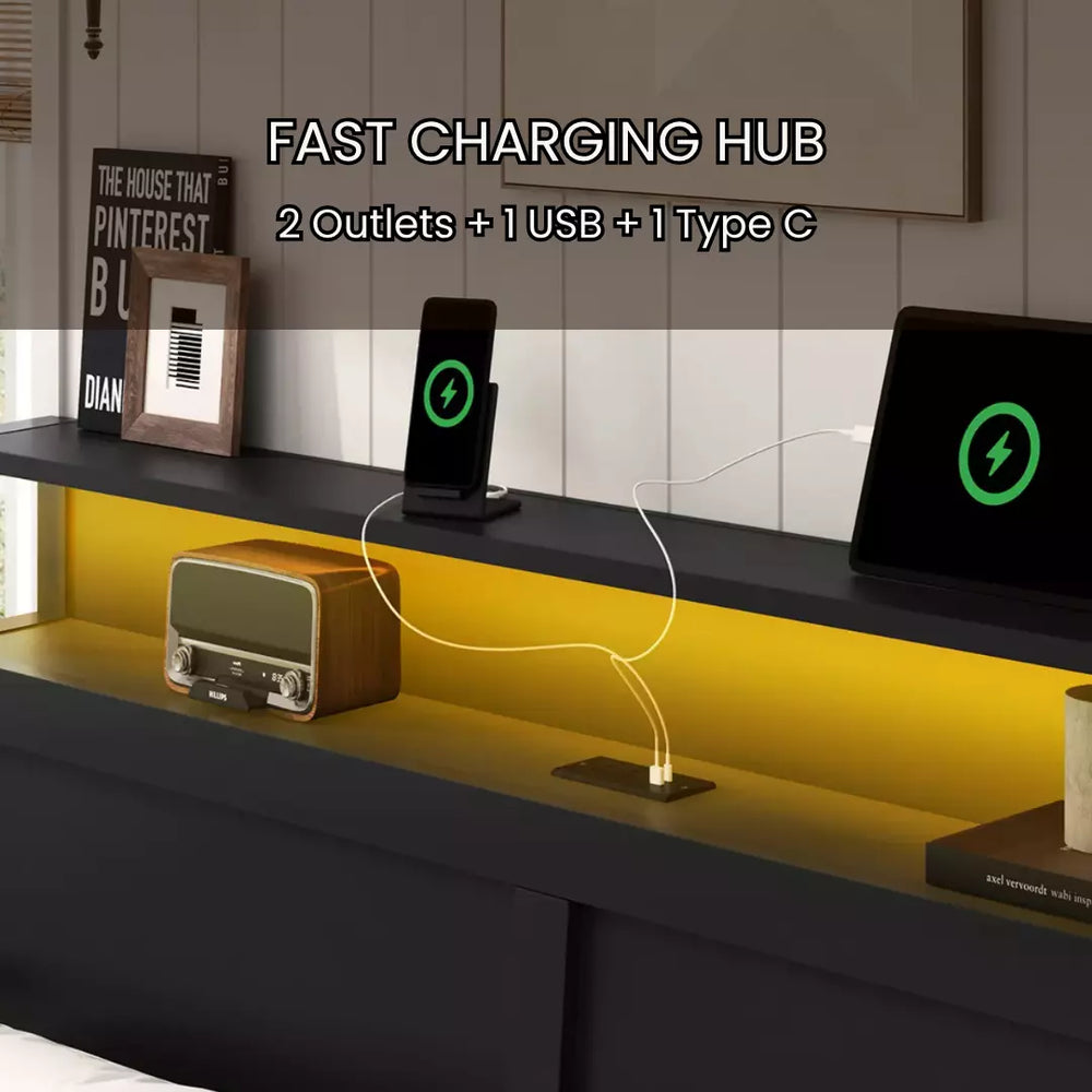 Fast charging hub with multiple devices on a shelf