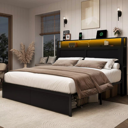 ShelfLit Bookcase Bed Frame with Hidden Headboard storage Shelvs,LED Lights & USB-C,2 Drawers