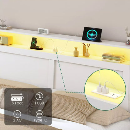 ShelfLit Bookcase Bed Frame with Hidden Headboard storage Shelvs,LED Lights & USB-C,2 Drawers