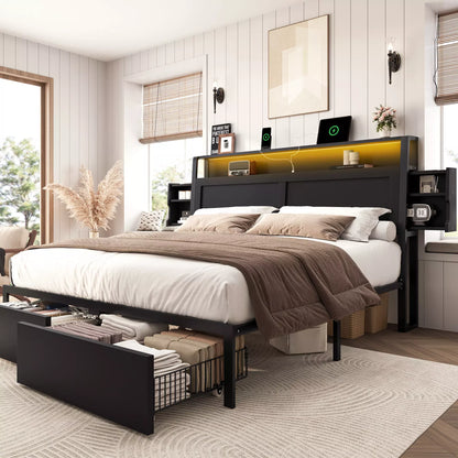 ShelfLit Bookcase Bed Frame with Hidden Headboard storage Shelvs,LED Lights & USB-C,2 Drawers
