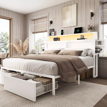 ShelfLit Bookcase Bed Frame with Hidden Headboard storage Shelvs,LED Lights & USB-C,2 Drawers