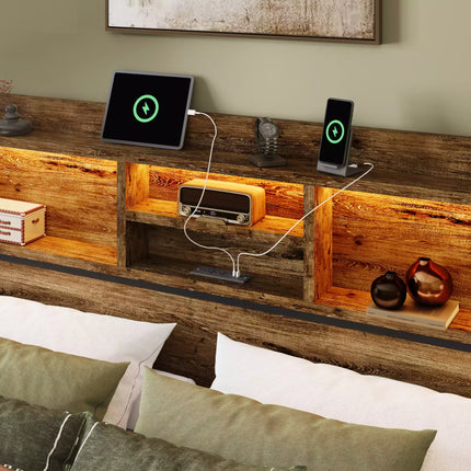 Strato Wood Bed Frame Storage Headboard with Charging Station and 6 Drawers