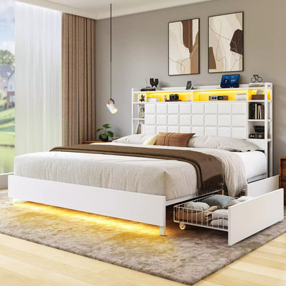 Cubes Industrial Bed Frame with Storage Drawers,Bookcase Headboard, LED Llight & Charging Hub