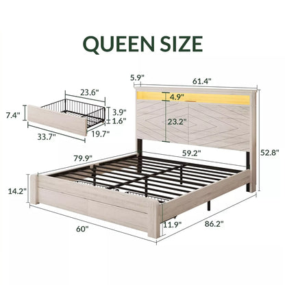 Arlo Farmhouse Wood Bed Frame, 52" Tall Headboard with Led Lights,Charging Station and 2 Drawers