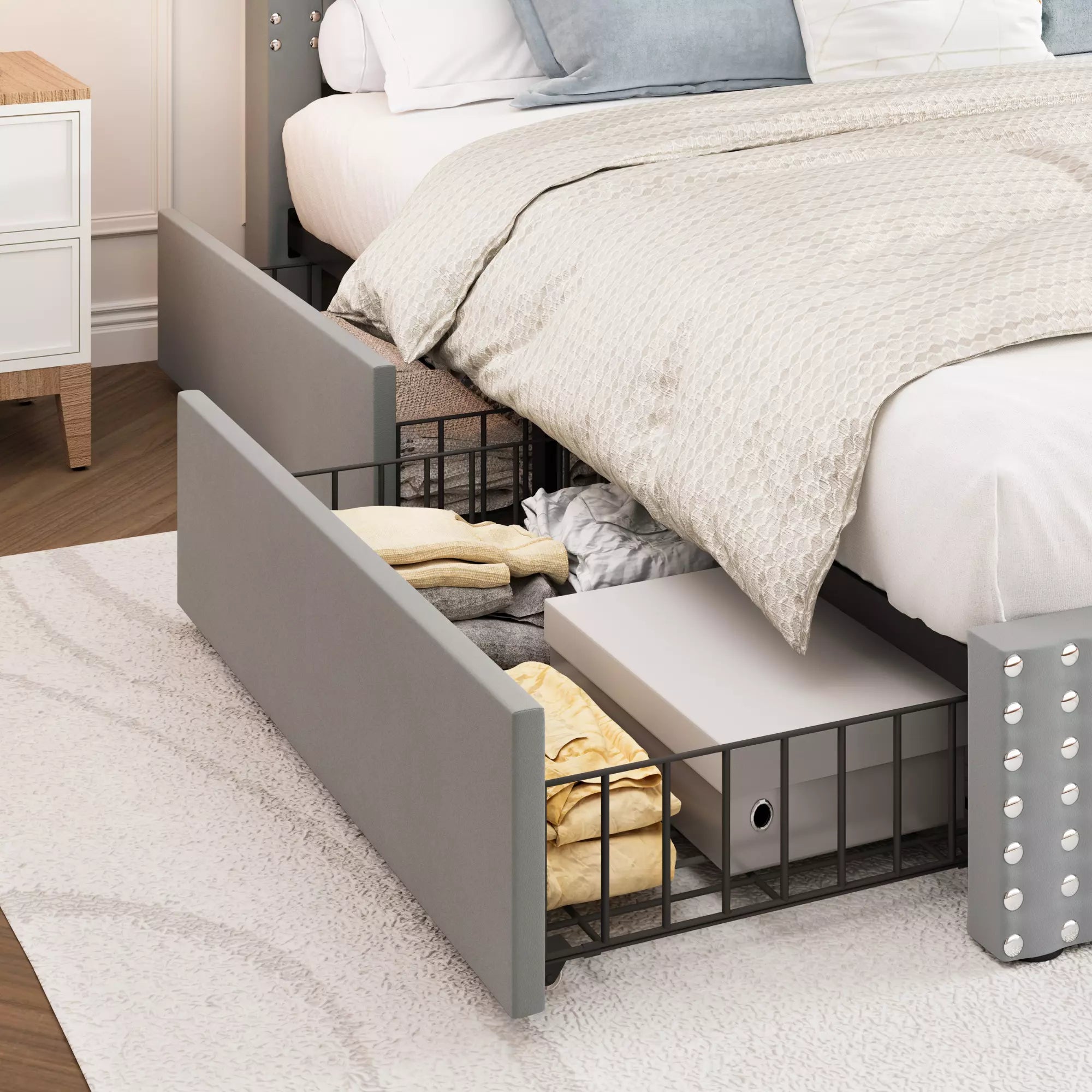 Veva Velvet Upholstered Bed Frame with Storage, 4 Drawers