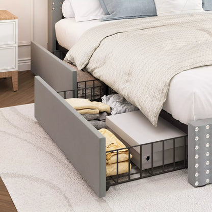 Veva Velvet Upholstered Bed Frame with Storage, 4 Drawers