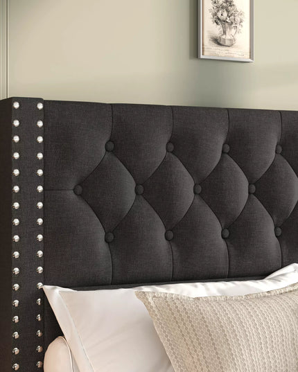 Vella Linen Upholstered Bed Frame with Storage, 4 Drawers