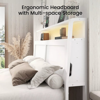ShelfLit Bookcase Bed Frame with Hidden Headboard storage Shelvs,LED Lights & USB-C,2 Drawers