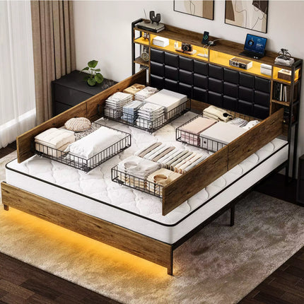 Cubes Industrial Bed Frame with Storage Drawers,Bookcase Headboard, LED Llight & Charging Hub