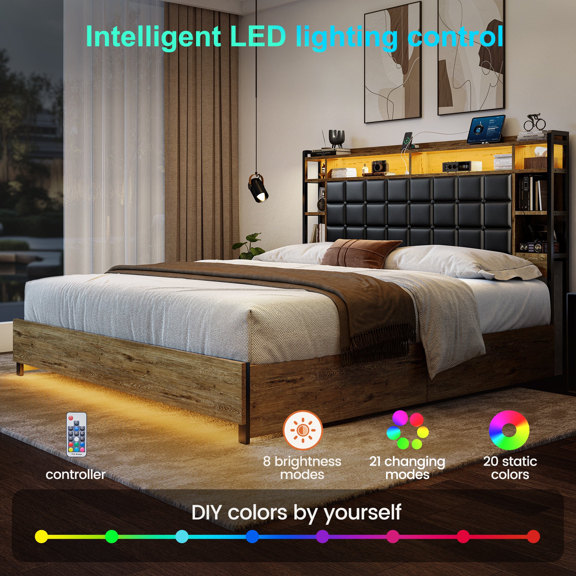 Cubes Industrial Bed Frame with Storage Drawers,Bookcase Headboard, LED Llight & Charging Hub