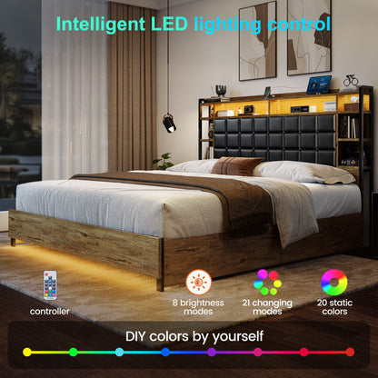 Cubes Industrial Bed Frame with Storage Drawers,Bookcase Headboard, LED Llight & Charging Hub