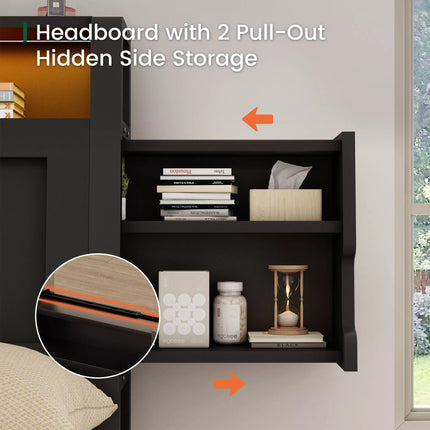 ShelfLit Bookcase Bed Frame with Hidden Headboard storage Shelvs,LED Lights & USB-C,2 Drawers