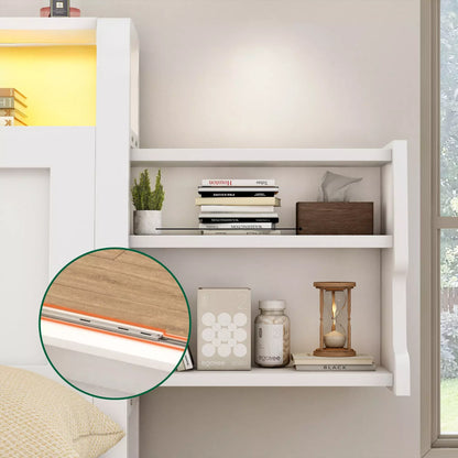 ShelfLit Bookcase Bed Frame with Hidden Headboard storage Shelvs,LED Lights & USB-C,2 Drawers