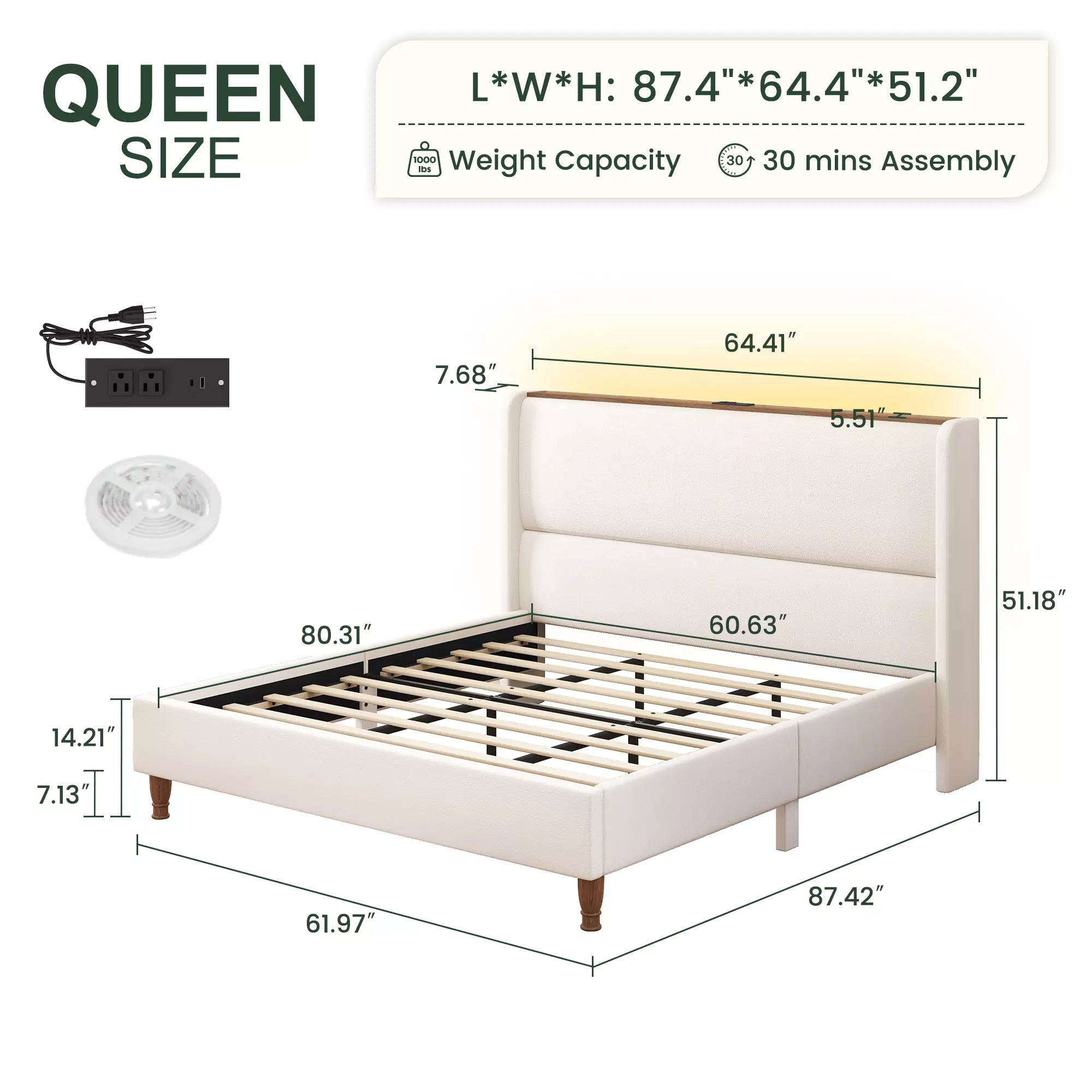 Arc Tall Headbaord Linen Upholstered Platform Bed Frame with LED Lights & Charging Station