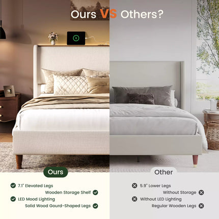 Arc Tall Headbaord Linen Upholstered Platform Bed Frame with LED Lights & Charging Station