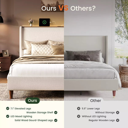 Arc Tall Headbaord Linen Upholstered Platform Bed Frame with LED Lights & Charging Station