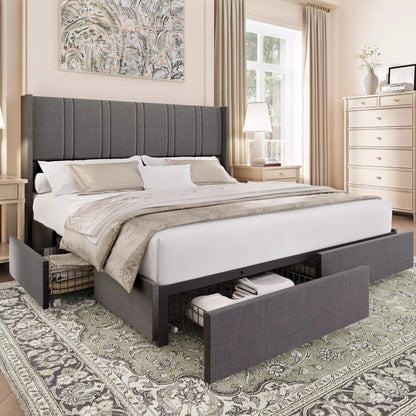 Gray upholstered bed with storage drawers in a bedroom setting.