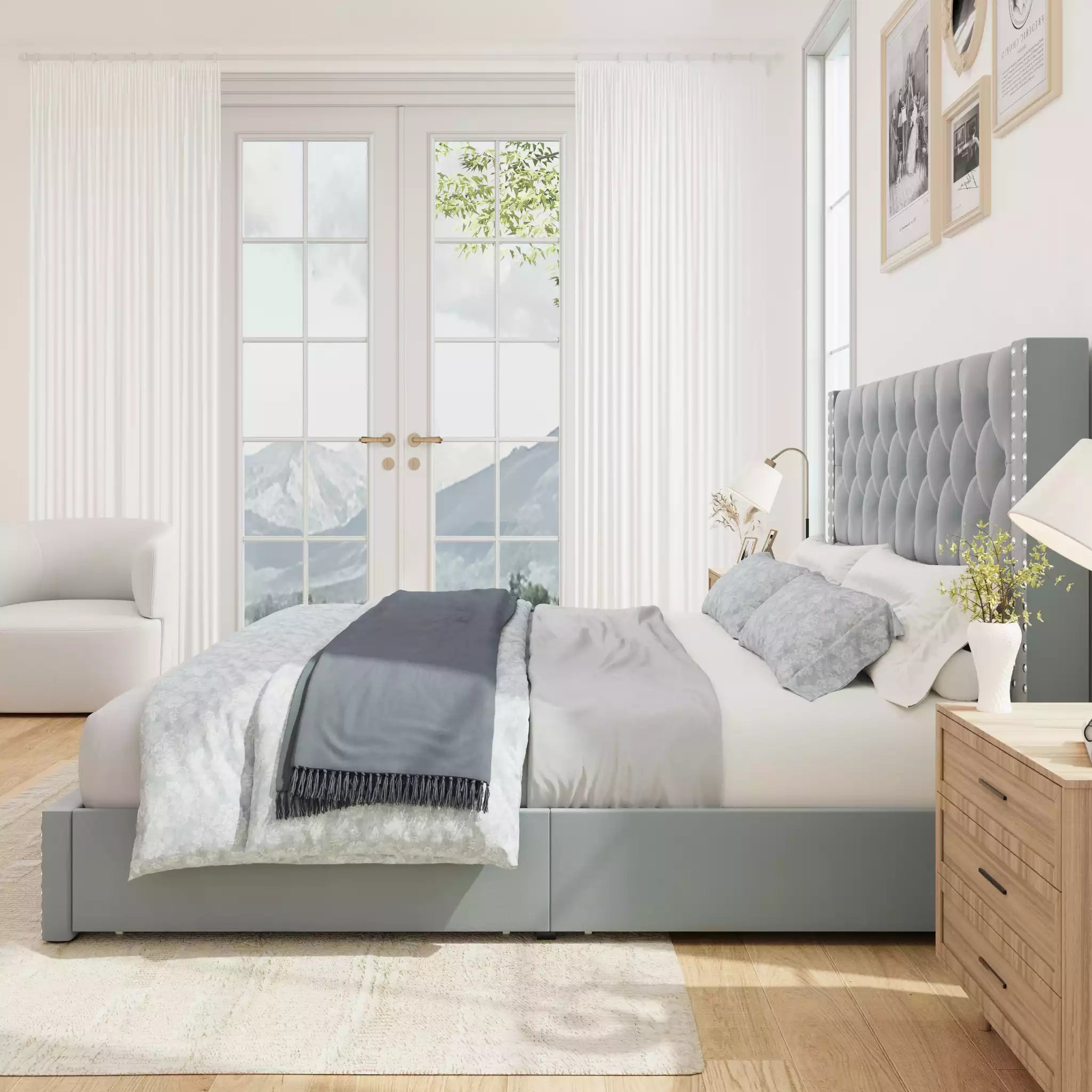 Veva Velvet Upholstered Bed Frame with Storage, 4 Drawers