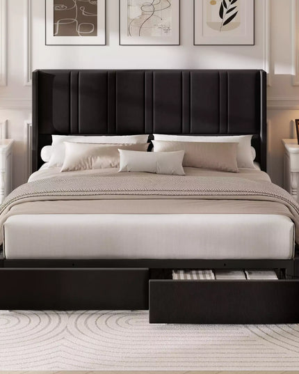 Modro Linen Upholstered Platform Bed Frame with 4 Storage Drawer