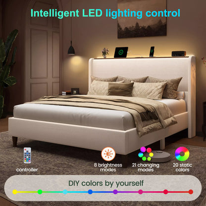 Arc Tall Headbaord Linen Upholstered Platform Bed Frame with LED Lights & Charging Station