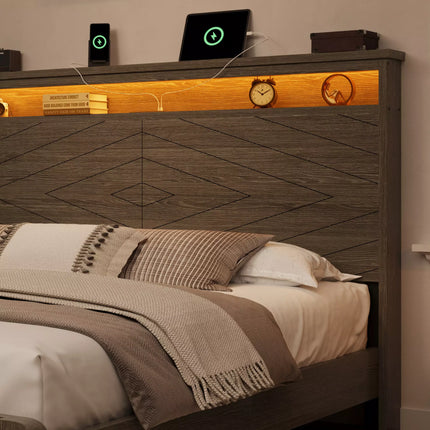 Arlo Farmhouse Wood Bed Frame, 52" Tall Headboard with Led Lights,Charging Station and 2 Drawers