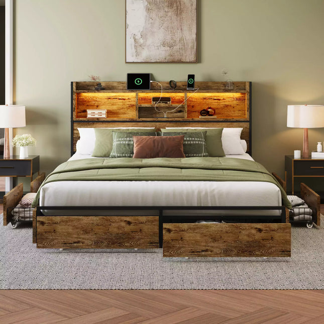 Strato Wood Bed Frame Storage Headboard with Charging Station and 6 Drawers