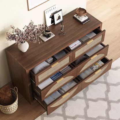 Arched Boho Rattan 6 Drawer Dressers-Walnet / Oak