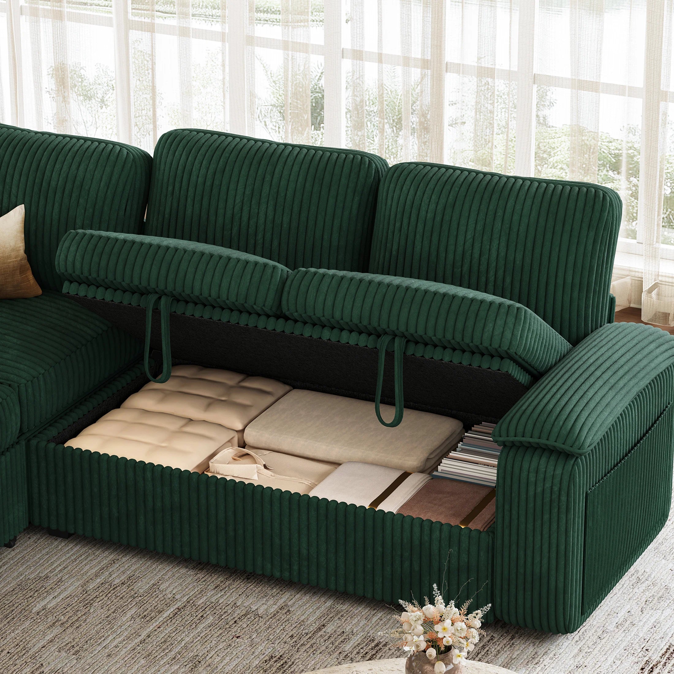 Nola Modular Corduroy Sleeper Sectional Sofa | 5 Seater |  L Shape Corner