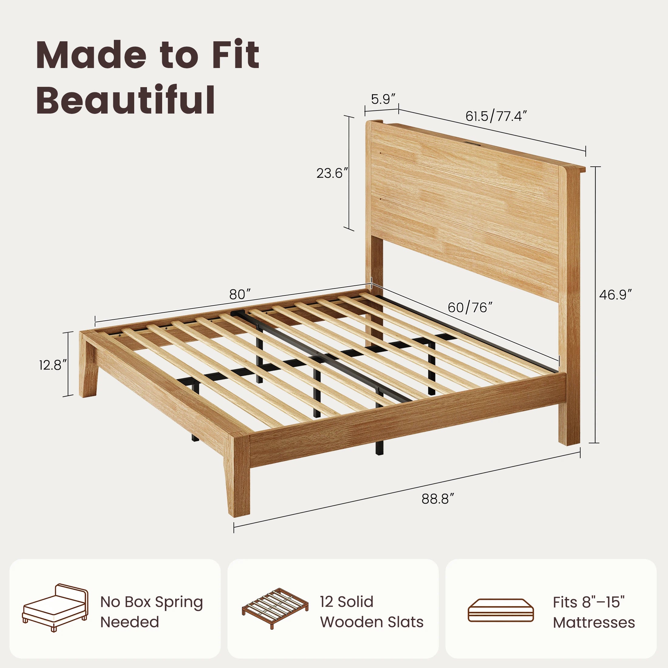 Sorel Japandi Solid Wood Platform Bed with Charging
