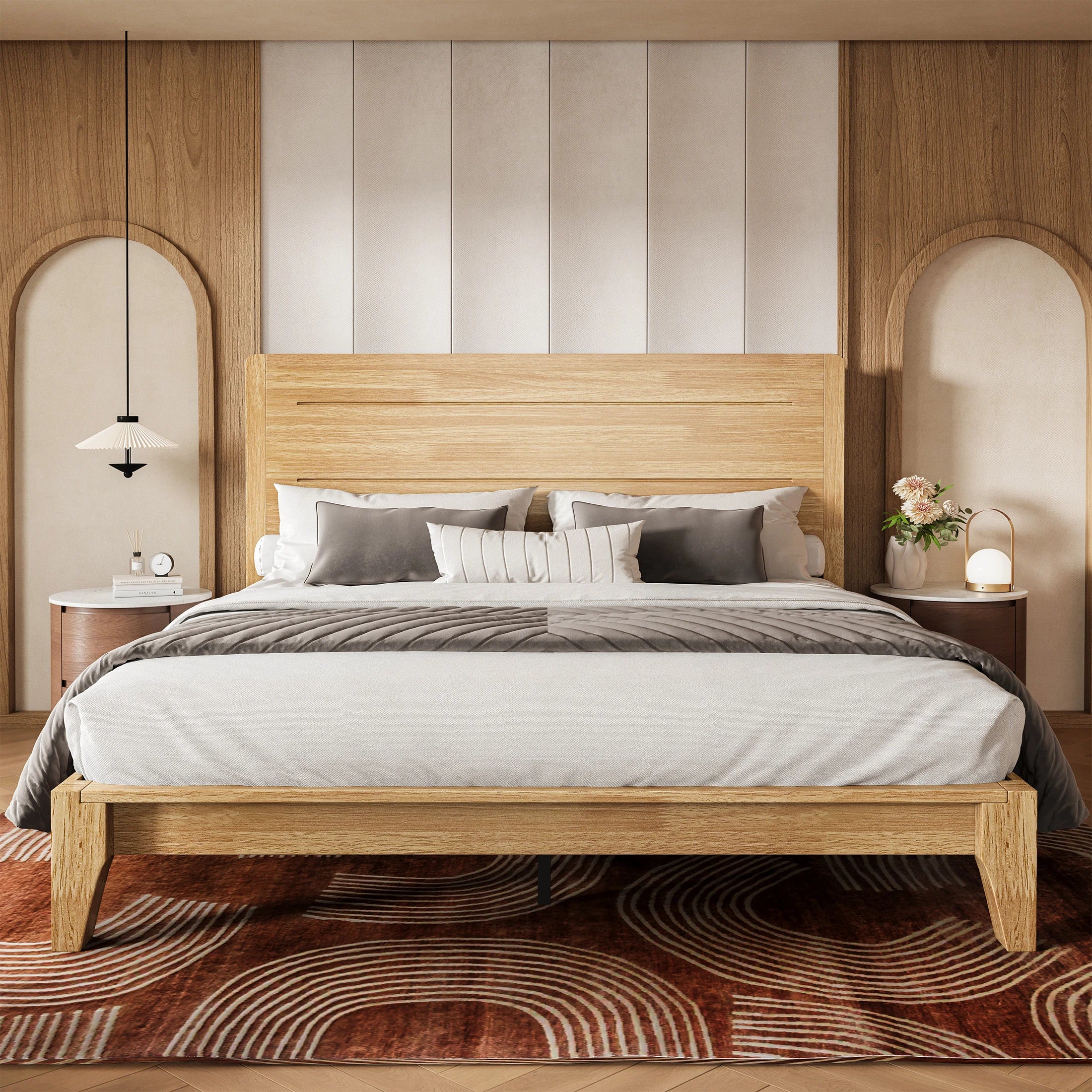 Sorel Japandi Solid Wood Platform Bed with Charging