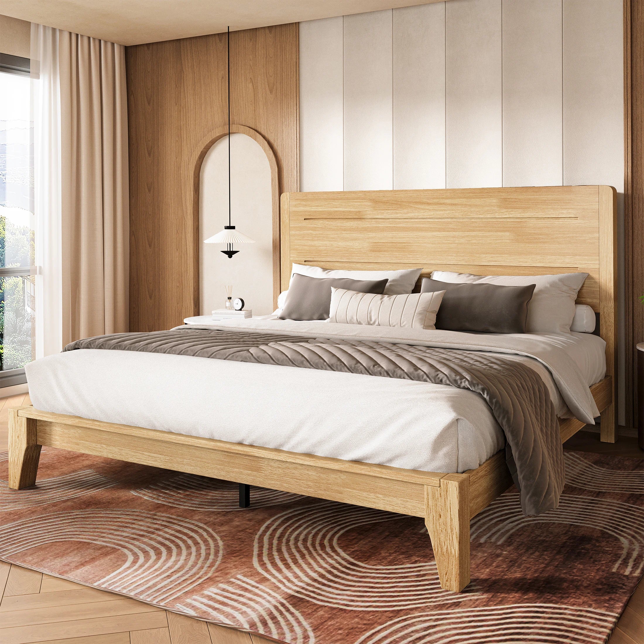 Sorel Japandi Solid Wood Platform Bed with Charging