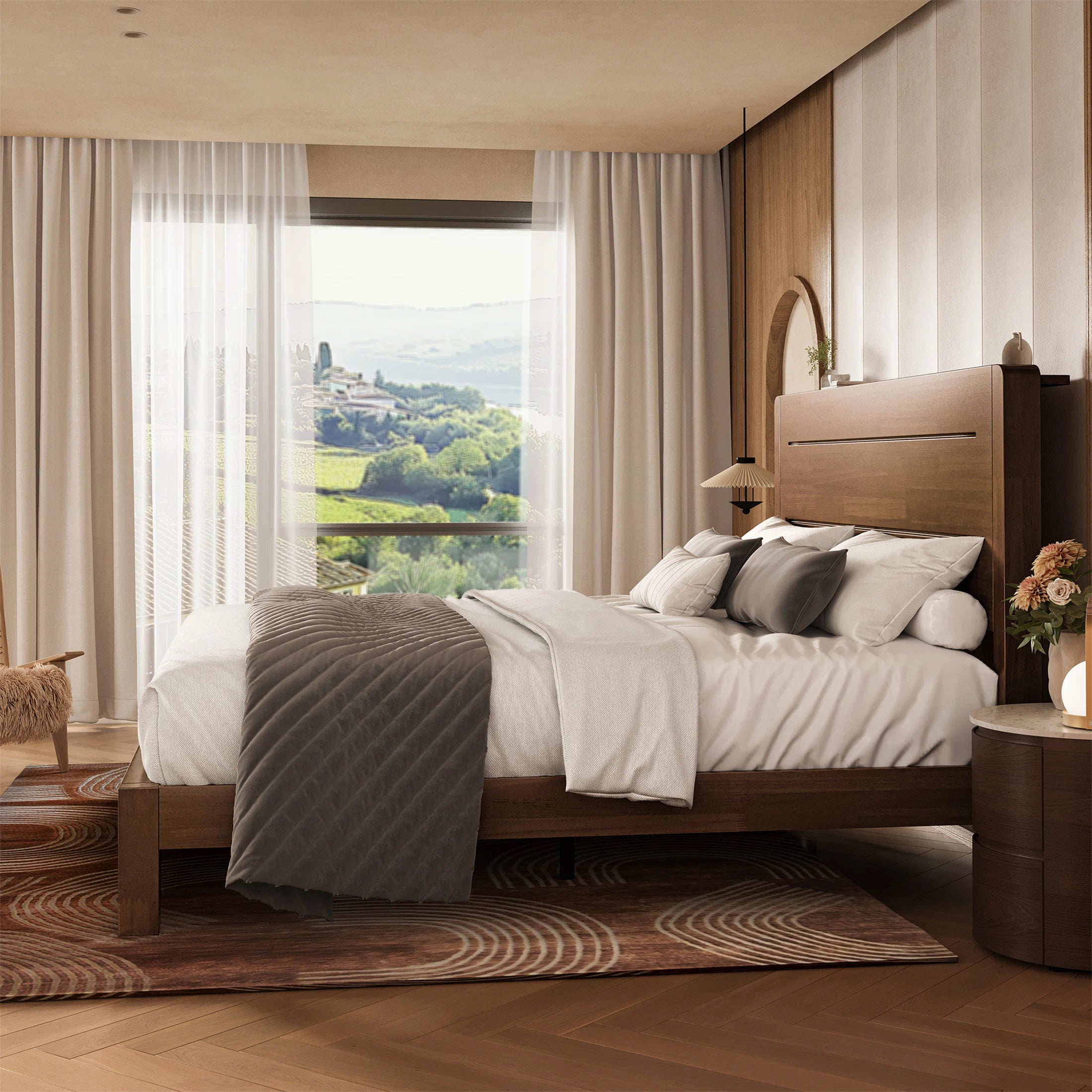 Sorel Japandi Solid Wood Platform Bed with Charging