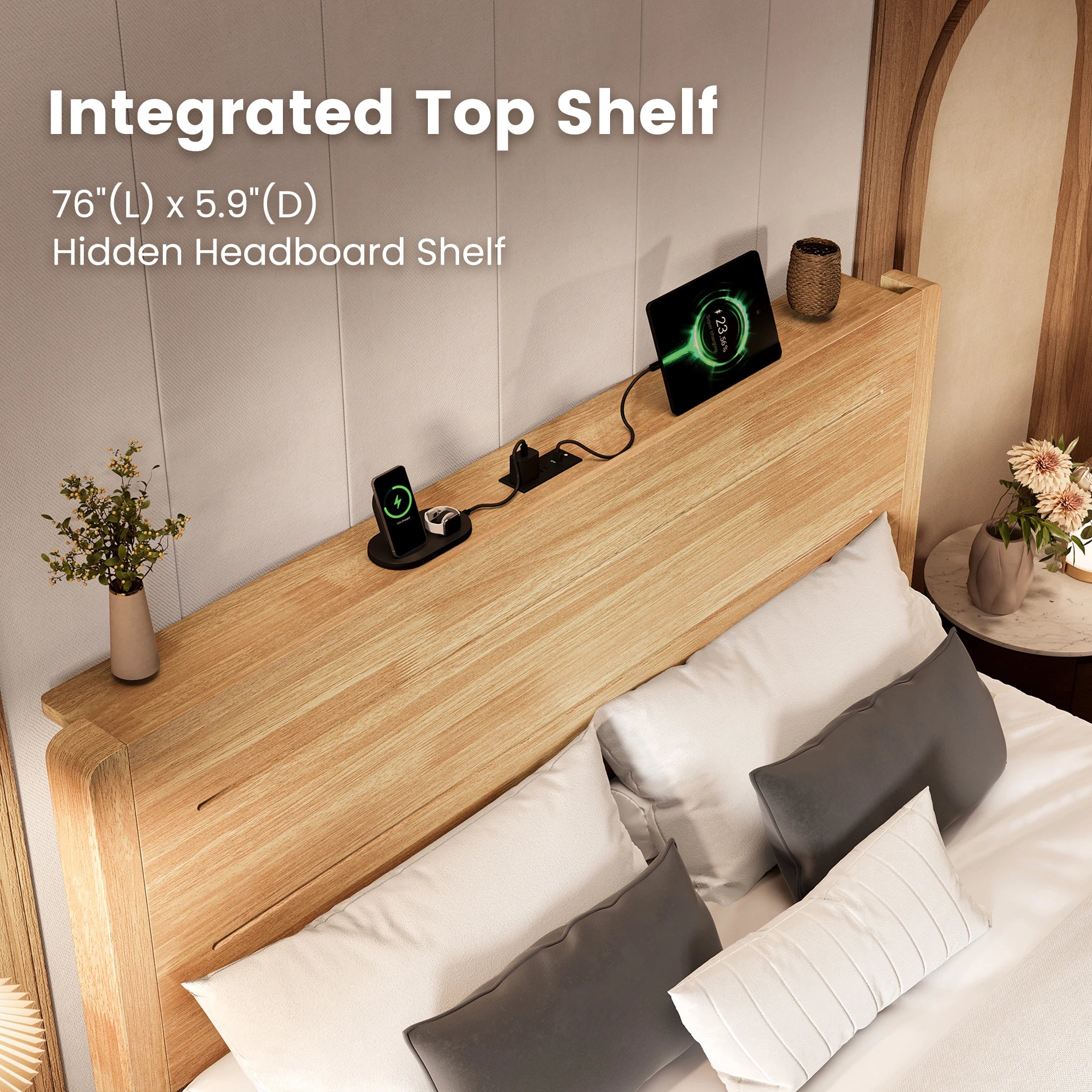 Sorel Japandi Solid Wood Platform Bed with Charging